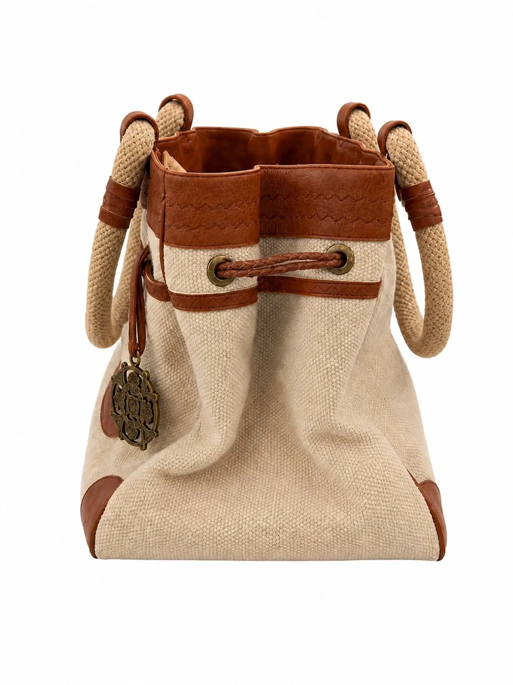 Kate Landry Canvas & Leather Tote Bag Large Boho Chic Rope Handle Jute